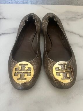 Tory Burch Bronze Metallic Logo Ballet Flats